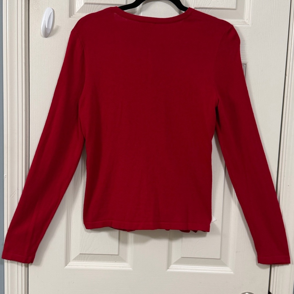 Ann Taylor Red Ruffled Button Down Sweater Holiday Cocktail Party Office - Picture 14 of 15